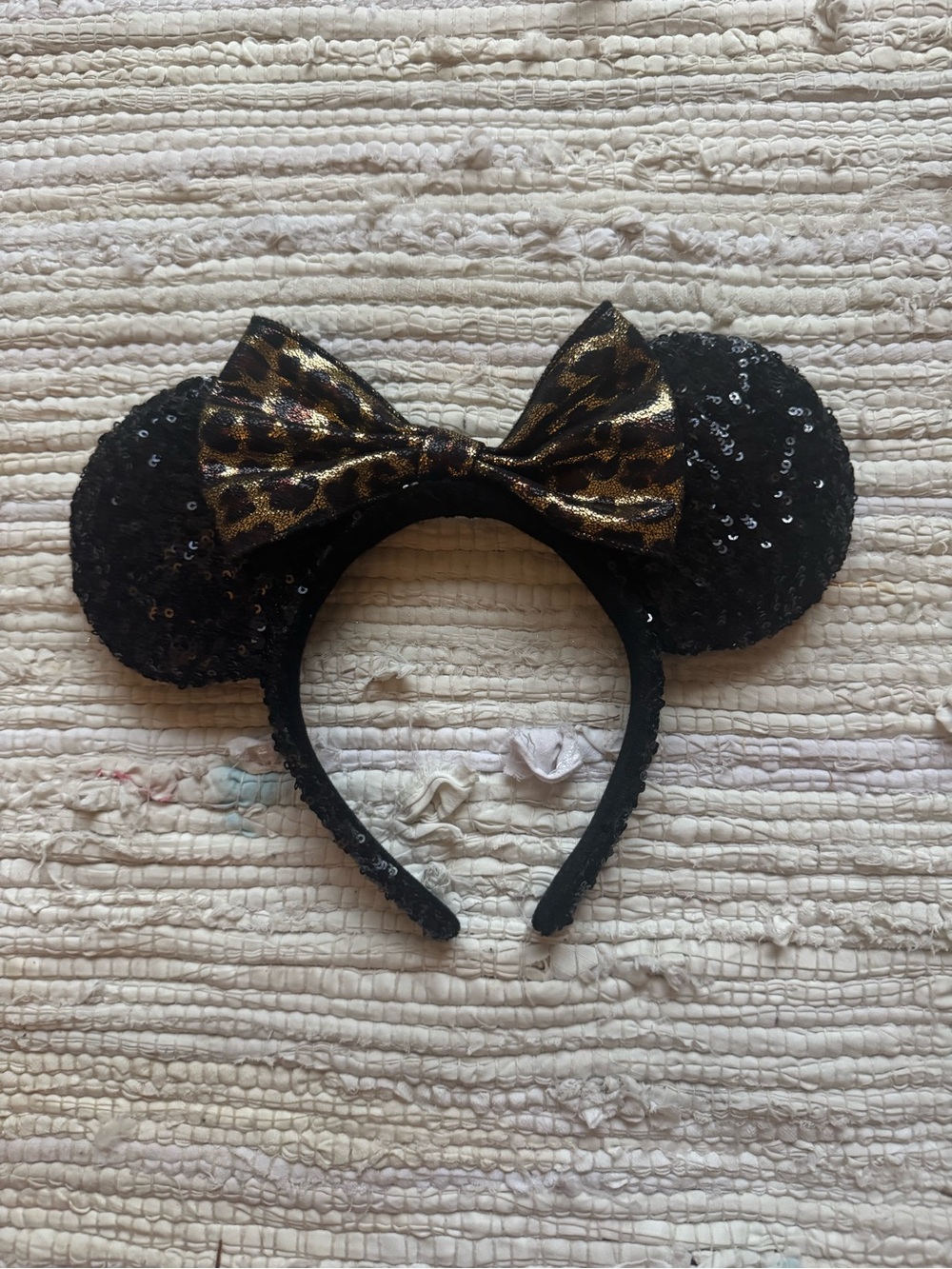 Disney Black Sequin Minnie Ears Headband with Gold Leopard Bow